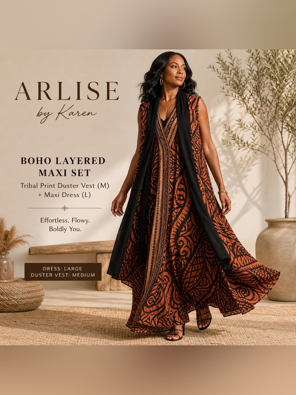 Boho Layered Maxi Set Tribal Print Duster Vest M + Dress L